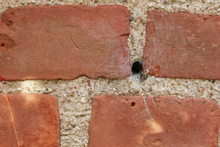 Photo for Building, hole and closeup of red, brick wall for texture, background and pattern of exterior structure. Architecture design, construction and surface of material, concrete and cement for decoration. - Royalty Free Image