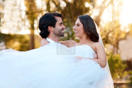 Photo for Outdoor, happy couple and celebration in wedding day with commitment, love and trust of bride and groom. Marriage, man and woman with eye contact, support or life partner for married people in nature. - Royalty Free Image
