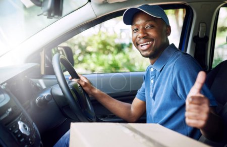 Photo for African delivery man, thumbs up and boxes in car, portrait and smile for job in supply chain. Person, courier and driver with hand sign, emoji and symbol for good service, choice and transportation. - Royalty Free Image