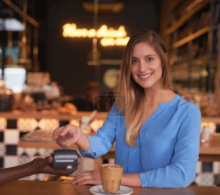Photo for Cafe, portrait and payment on credit card with woman in coffee shop and easy POS, fintech machine or shopping. Money, sale and customer with cashier to process retail transaction in small business. - Royalty Free Image