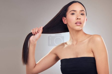 Photo for Portrait, hair care or woman with beauty, growth or cosmetics on studio background. Face, person or model with glow, wellness or healthy ends and shampoo, shine or texture with aesthetic or results. - Royalty Free Image