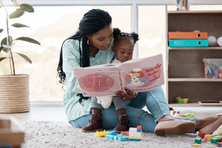 Photo for Home, baby and mother reading a book, relax and bonding together with happiness, learning and storytelling. Development, family and single parent with baby, mama and kid with fairytale and language. - Royalty Free Image