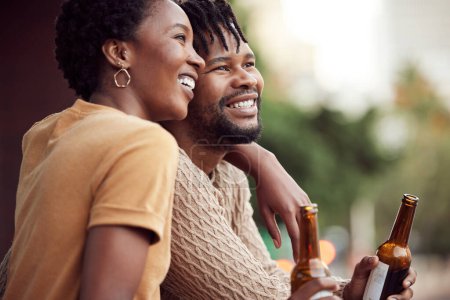 Photo for Romance, beer or happy black couple hug in villa on holiday vacation together with city, support or joy. Relax, apartment view or man with African woman with love, commitment or smile in marriage. - Royalty Free Image
