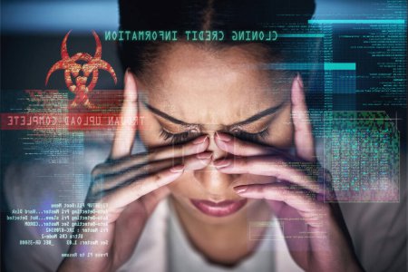 Woman, overlay and stress with hacking on fraud or cloning for credit card, information or data. Computer, hacker and cyber crime on online or internet banking with headache, burnout on cybersecurity.