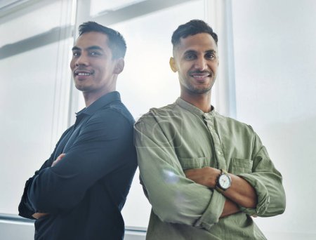 Photo for Smile, men and portrait in office for confident, success and management in workplace. Crossed arms, startup and partners in company for business, teamwork and together with pride for achievement. - Royalty Free Image