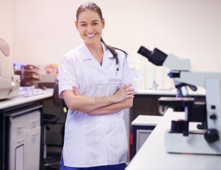 Photo for Woman, happy and scientist in laboratory with portrait or confidence for pharmaceutical breakthrough and proud for discovery. Girl, arms crossed with pride for medical research and biotechnology - Royalty Free Image