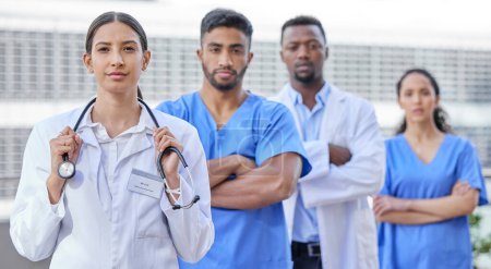Photo for Doctors, outdoor and confident portrait for support, medical service and healthcare solidarity. Collaboration, unity and teamwork or trust in staff or employees, medicine and proud of insurance. - Royalty Free Image