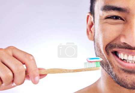 Téléchargez les photos : Portrait, homme et sourire avec du dentifrice en fond de studio pour l'hygiène dentaire, la propreté et le bien-être. Homme, heureux avec une brosse à dents pour l'odeur de la bouche, la fraîcheur et les soins de santé ou le blanchiment. - en image libre de droit