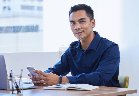 Photo for Man, portrait and business in office with smartphone, typing and company for online mission statement and review. Employee, social media and website search, information technology with professional. - Royalty Free Image
