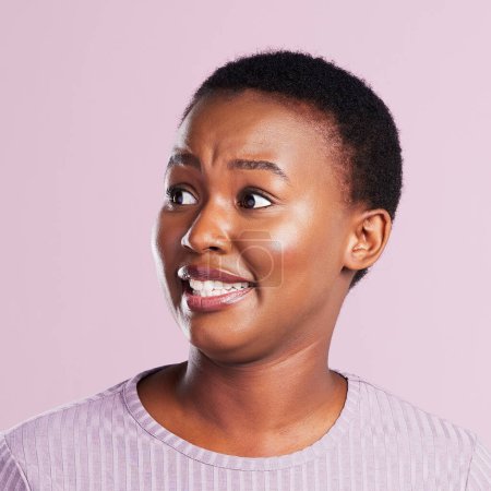 Photo for Confused, face and black woman in studio for gossip, attitude and news with surprise expression. Awkward, shock and African female person with wtf or omg for secret isolated by pink background - Royalty Free Image