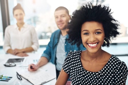 Photo for Portrait, happiness and African woman in office for meeting, career and brainstorming for business. Female person, smile and pride in workplace for internship, startup company and collaboration. - Royalty Free Image