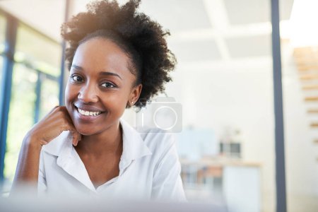 Photo for Portrait, happy and black woman in office, smile and confidence for project, editor and corporate. Public relations, review and proofreading of articles, proposal and startup for company and work. - Royalty Free Image