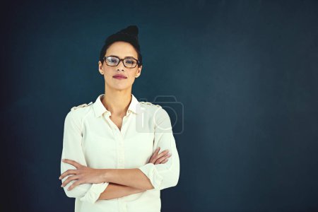 Photo for Portrait, businesswoman and pride on studio backdrop for internship, company development and startup. Female person, graphic designer and trainee with confidence in creative agency for mockup. - Royalty Free Image
