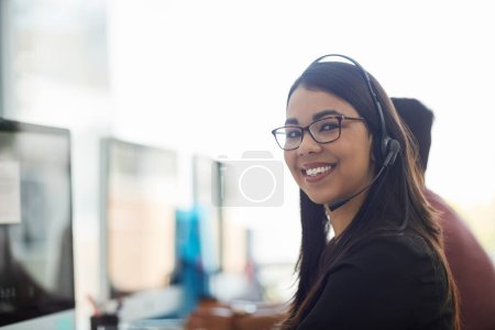 Call center, portrait and happy woman in office consulting for insurance, faq or contact us, crm or b2b networking. Outsourcing, telecom and consultant with virtual assistant team for legal advice.