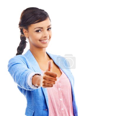 Photo for Portrait, happy girl or thumbs up in studio for help with diy fashion, trend or tips on white background. Eco friendly, fabric and model with ethical brand support for upcycling, clothes or thrifting. - Royalty Free Image