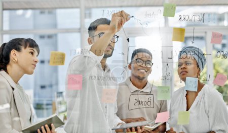 Photo for Business people, glass wall and brainstorming with planning, teamwork and collaboration for company social media. Seo, happy manager and employees with ideas, calendar or meeting in modern office. - Royalty Free Image