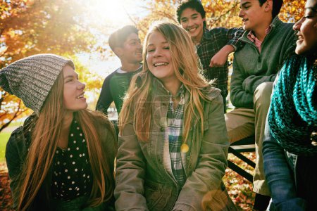 Foto de Hablar, adolescentes y amigos al aire libre en el parque para un día de relax en las vacaciones de verano de descanso semestral, juntos y felices. Grupo, diversidad y niños en el jardín de vacaciones en Nueva Zelanda y lente destello. - Imagen libre de derechos