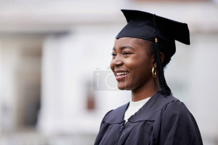 Photo for Black girl, smile and student for graduation in outdoor, confident and college or education achievement. Female person, pride and happy for learning award, celebrate and campus ceremony at university. - Royalty Free Image