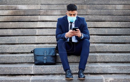 Photo for Stairs, mobile and business man with mask for virus, infection and illness protection outside. Law firm, building steps and lawyer with face cover or cellphone for networking, chat and connection. - Royalty Free Image