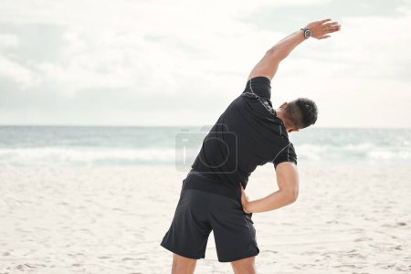 Photo for Beach, back or man stretching with fitness for body flexibility, health or wellness in running practice. Sea, athlete and sports person ready for workout, training or exercise warm up for mobility. - Royalty Free Image