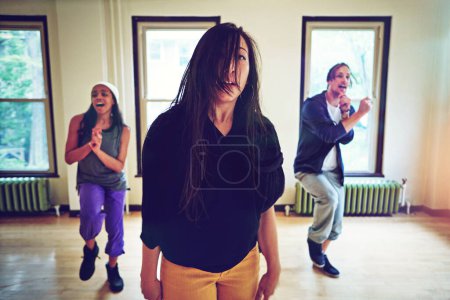 Photo for Indoor, hip hop and dancing class for breakdance, rehearsal and action together for performance. Inside, practice and freestyle of talented people with skill, exercise or energy for entertainment. - Royalty Free Image