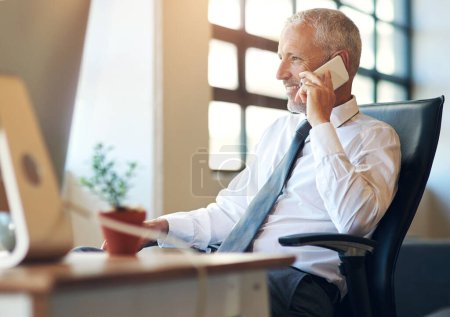 Photo for Mature businessman, CEO and happy with phone call in office with communication for financial deal and negotiation. Executive, employer or smartphone with networking, investor feedback or b2b planning. - Royalty Free Image