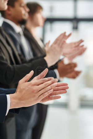 Photo for Business people, team and hands applause for celebration support or victory, well done or winning. Colleagues, clapping and congratulations for corporate opportunity or deal, target or solidarity. - Royalty Free Image