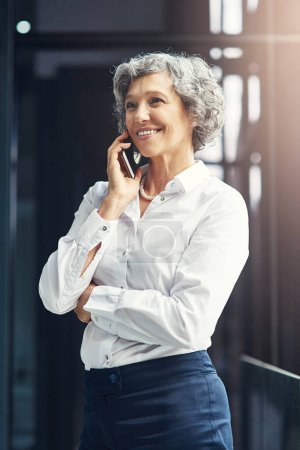 Photo for Business, woman and thinking with phone call for work or conversation with client for case. Female attorney, law firm or mobile with smile for news on court, advocate or lawyer with plan for justice. - Royalty Free Image
