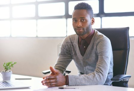 Creative, black man and portrait by window in office of designer agency for work as publicist for media or public relations. Male employee, confident and happy for reputation management for company