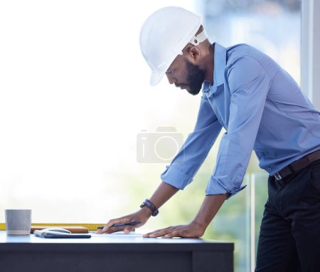 Photo for Black man, office and drawing on blueprint with pencil for planning a building design, layout and project as architect. Table, construction and engineering person with idea for property renovations. - Royalty Free Image