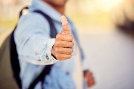 Photo for City, student or man with thumbs up for travel, good news or like for feedback on street or road. Positive icon, great hand gesture or tourist with thank you smile, yes sign or vote for okay review. - Royalty Free Image
