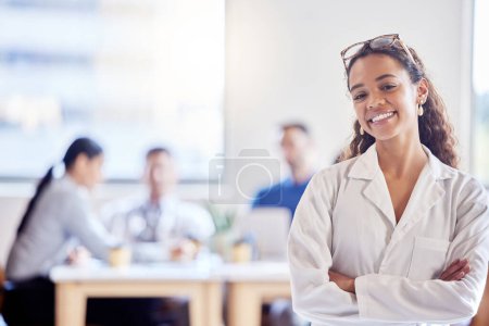 Photo for Portrait, smile and woman intern or student in meeting, arms crossed and healthcare or planning. Hospital, happy and confidence for medical professional, clinic and learner for medicine wellness. - Royalty Free Image