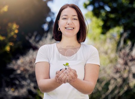 Photo for Woman, portrait and smile with plant for sustainability with eco friendly or pride for green thumb. Outside, happiness and organic for environment with care for earth day with natural harvest - Royalty Free Image