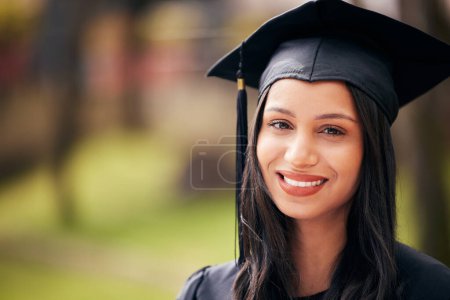 Photo for Woman, portrait and smile for university graduation on campus with celebration, success and completion for qualification. Student, college and happy with pride or confident on education for future. - Royalty Free Image