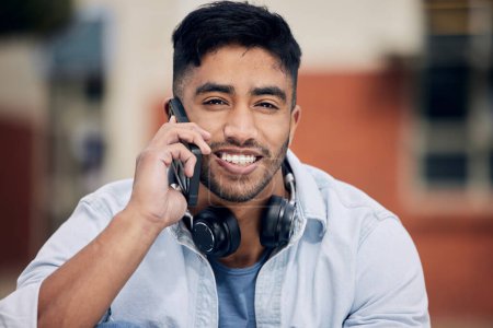 Photo for Happy man, portrait and students with phone call for discussion or friendly chat with headphones at college. Young male person or learner with smile on mobile smartphone for conversation at campus. - Royalty Free Image