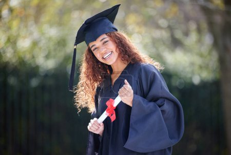 Photo for University, smile and portrait of woman at graduation in park, outdoor campus or event with diploma. Certificate, pride and happy student with college education, opportunity or scholarship success. - Royalty Free Image
