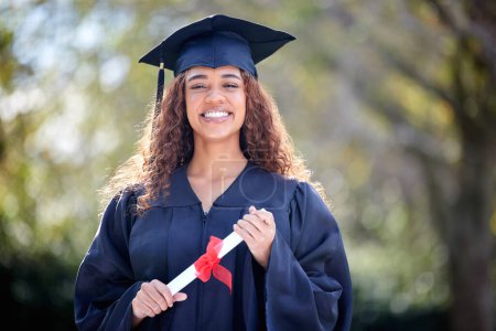 Photo for Woman, graduation and portrait with pride at college for success, growth and achievement in Brazil. Female student, happy and certificate outdoors for excited, goals and education in university. - Royalty Free Image