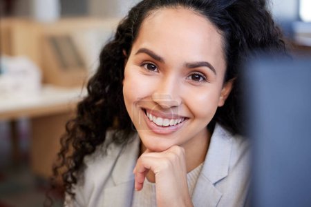 Portrait, smile and business woman in office with positive email feedback, results or project proposal review. Idea, planning or law firm intern with goal inspiration, research or upskill application.