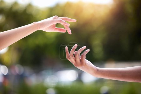 Photo for Support, reaching and hands of people outdoor in park for community, friendship or togetherness. Closeup, helping and women with gesture for connection, compassion or solidarity with assistance. - Royalty Free Image