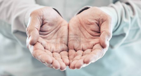 Photo for Man, poverty and hands to care for offer with help, charity and support from community by donations for hope. Poor, person and palms with asking gesture, thank you and prayer, gratitude and faith. - Royalty Free Image