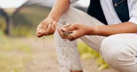 Photo for Sand, sustainable and closeup of hands on a farm for planting vegetables, leaves or plants, Soil, agriculture and zoom of man feeling dirt for produce or greenery on outdoor agro land or environment - Royalty Free Image