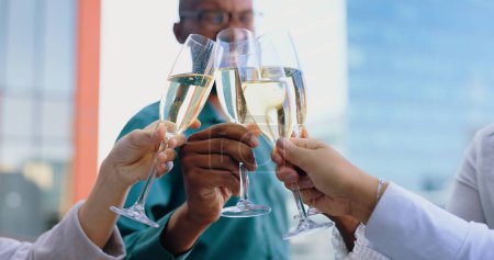 Photo for Toast, Champagne in hands and glasses to celebrate and business people outdoor for success together and corporate achievement. Cheers, alcohol drinks and winning at office with support and teamwork. - Royalty Free Image