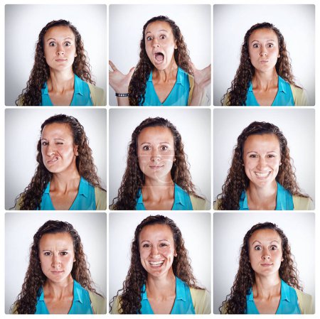 Photo for Woman, composite and collage with facial expressions in studio with funny or joyful in portrait with happy. Emotions, comedy and sequence with series of multiple shots for photo strip in booth - Royalty Free Image