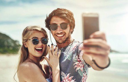 Photo for Happy, couple and selfie for marriage with engagement ring in hug on romantic, travel and vacation. Man, woman and embrace for proposal, union or companionship for wedding at beach or seaside in Bali. - Royalty Free Image