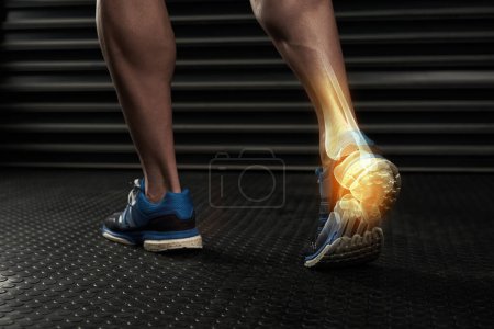 Photo for Fitness, ankle pain and feet of man with injury, muscle strain and accident for training, workout and exercise. Sports, health and person with x ray for inflammation, emergency and hurt on floor. - Royalty Free Image