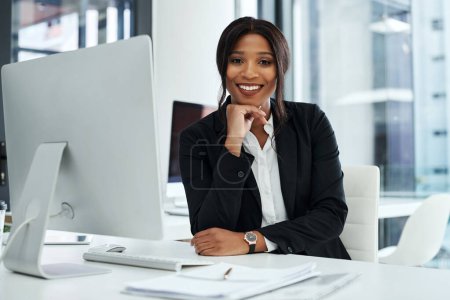 Photo for Portrait, business and black woman with smile in office, confidence and computer for finance and documents. Workplace, accounting and investment for broker in firm, pc and desk with paperwork. - Royalty Free Image