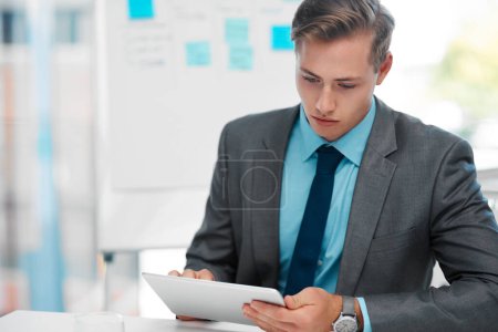 Businessman, tablet and scroll for communication, email and networking in workpalce. Trader, technology and stock market company in New York for investment, research and live streaming in office.