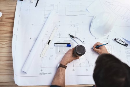 Photo for Person, hands and architecture blueprint or engineering design for building development, floor plan or tools. Paper, pencil and project planning or house renovation or sketch draft, creative or job. - Royalty Free Image
