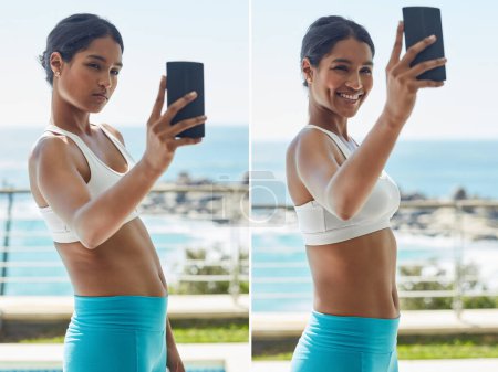 Photo for Woman, face and fitness at home with selfie for profile picture on social media, blog and video call with smile. Content creator, influencer and technology for workout, health and wellness with sport. - Royalty Free Image