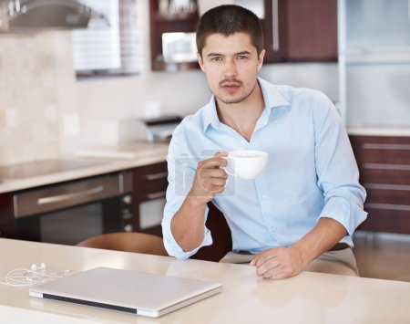 Photo for Business man, kitchen and coffee for work from home, inspiration and morning routine in portrait. Worker, freelancer or entrepreneur with computer and drink, beverage or caffeine for startup planning. - Royalty Free Image